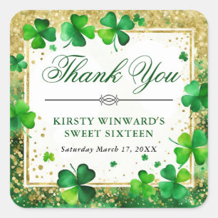Aquarell-Kleeblatt & Gold-Glitter Sweet Sixteen Quadratischer Aufkleber