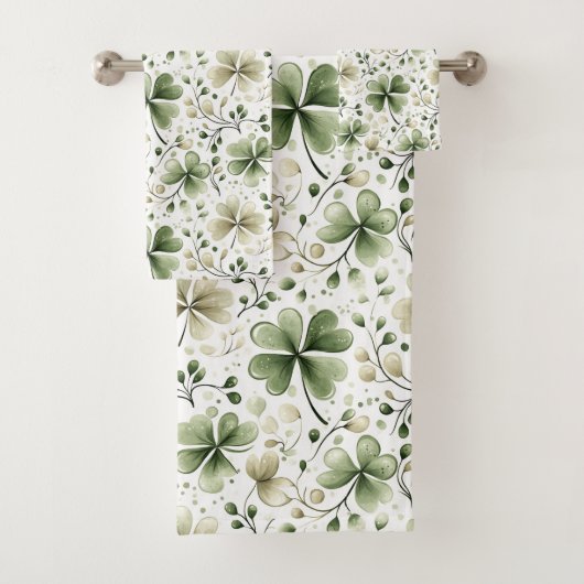 Aquarell-Kleeblattmuster – Grün & Neutral Badhandtuch Set (Insitu)