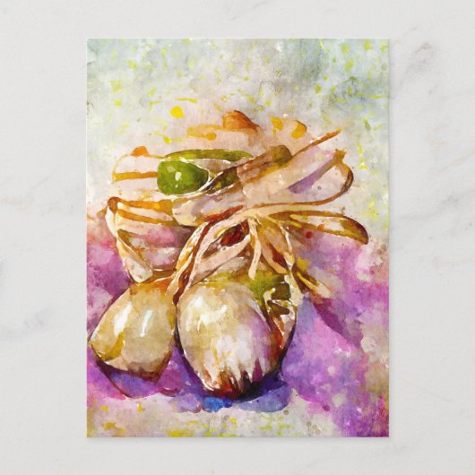 Aquarell. Knoblauch gemalt. Knoblauchzehe. Postkarte (Vorderseite)