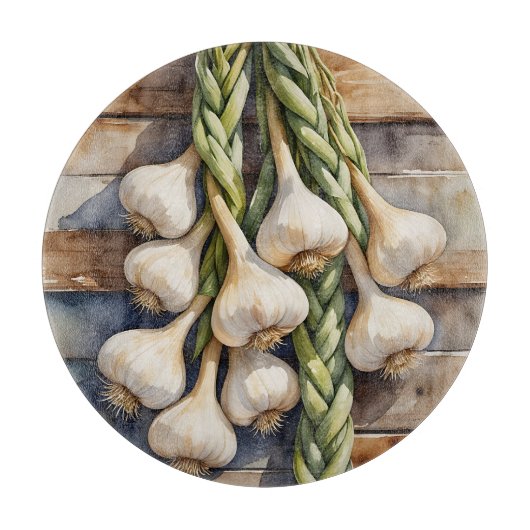 Aquarell-Knoblauchzopf rustikal Schneidebrett (Vorderseite)