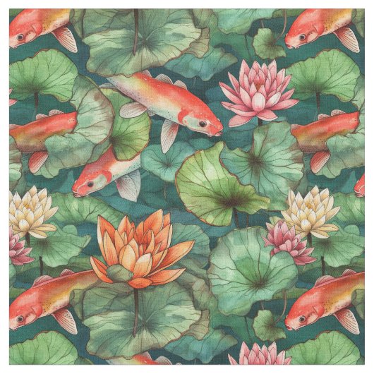 Aquarell Koi & Water Lilies Fabric Stoff (Nahaufnahme)