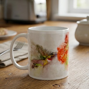 Aquarell Kolibri beim Fressen an einer lebendigen Kaffeetasse