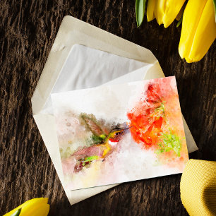 Aquarell Kolibri beim Fressen an einer lebendigen Postkarte