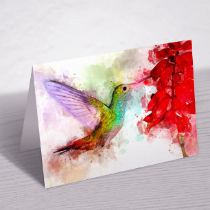 Aquarell Kolibri beim Fressen an roter Blume Dankeskarte