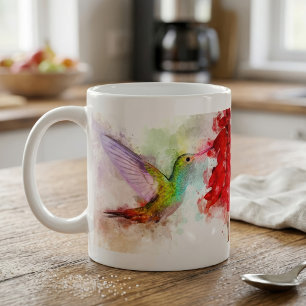 Aquarell Kolibri beim Fressen an roter Blume Kaffeetasse