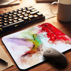 Aquarell Kolibri beim Fressen an roter Blume Mousepad