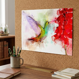 Aquarell Kolibri beim Fressen an roter Blume Poster