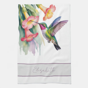 Aquarell Kolibri mit Blumenmotiven Geschirrtuch