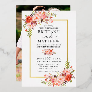 Aquarell-Korallen-Blumen-Foto-Hochzeit Gold Folieneinladung