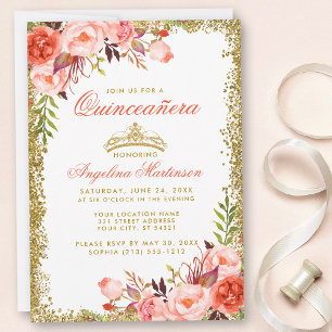 Aquarell-Korallen-Blumen-Gold-Glitter-Quinceanera Einladung