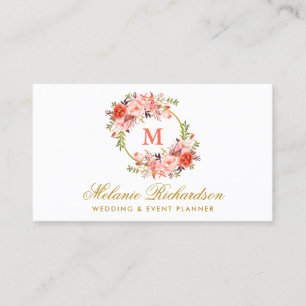 Aquarell-Korallen-Blumen-Gold-Monogramm Visitenkarte