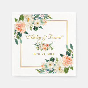 Aquarell-Korallen-Blumen-Goldrahmen-Hochzeit Serviette