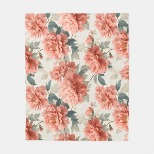 Aquarell Korallen-Pfingstrose Creme Blumenmuster Fleecedecke