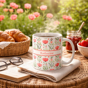 Aquarell Korallenrosa Mohnblume Floral Kaffeetasse
