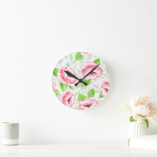 Aquarell Korallenrose - Romantische Blumen Runde Wanduhr (Zuhause)