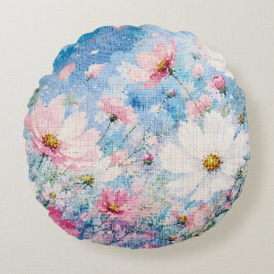 Aquarell-Kosmosblüten im geometrischen Stil Rundes Kissen