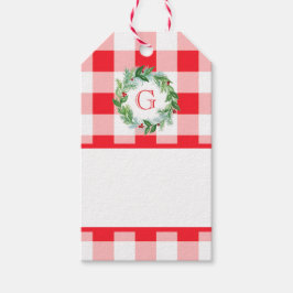 Aquarell-Kranz MONOGRAMM rotes Karo leer Geschenkanhänger
