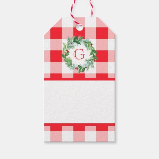 Aquarell-Kranz MONOGRAMM rotes Karo leer Geschenkanhänger (Vorderseite)