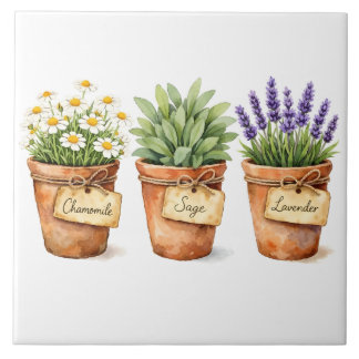 Aquarell-Kräuter, die in den Töpfen wachsen Fliese