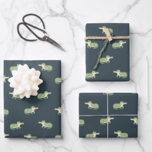Aquarell-Krokodile auf dunklem Grau-Blau Geschenkpapier Set