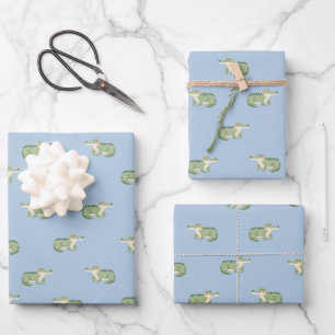 Aquarell-Krokodile auf Hellblau Geschenkpapier Set