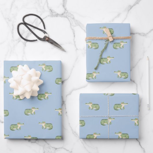 Aquarell-Krokodile auf Hellblau Geschenkpapier Set (Vorderseite)