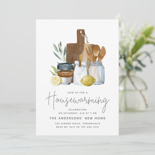 Aquarell Küche Waren Haushaltswärmung Party Einladung (Stehend Vorderseite)