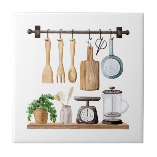 Aquarell Küchenutensilien Fliese (Vorderseite)