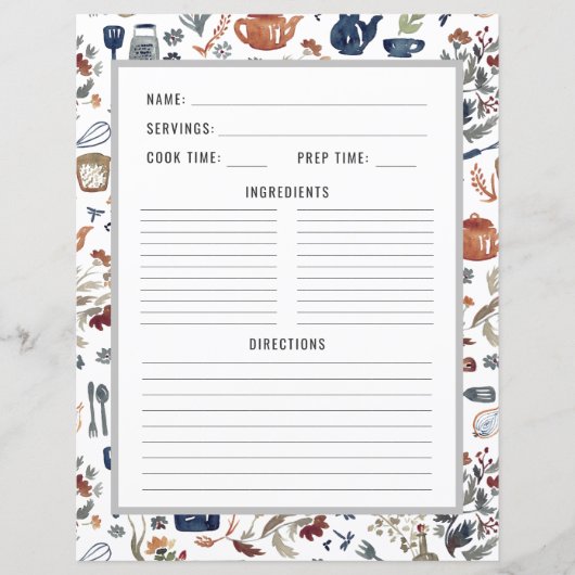 Aquarell Küchenutensilien | Recipe Binder Page (Vorderseite)