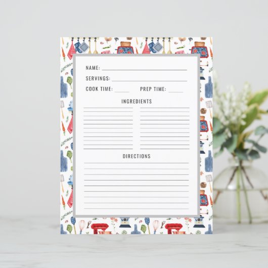 Aquarell Küchenutensilien | Recipe Binder Page (Stehend Vorderseite)