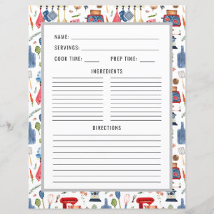 Aquarell Küchenutensilien Recipe Binder Page