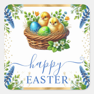 Aquarell-Küken Frühlingsblumen Frohe Ostern Quadratischer Aufkleber
