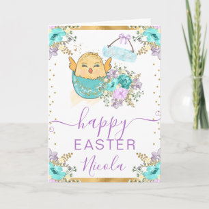 Aquarell Küken und Blumen Frohe Ostern Karte