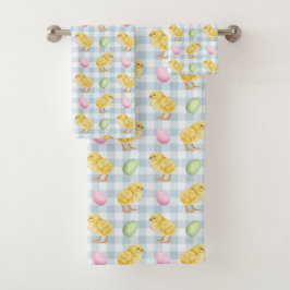Aquarell-Küken und Eier auf blauem Gingham-Muster Badhandtuch Set