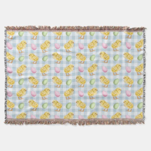 Aquarell-Küken und Eier auf blauem Gingham-Muster Decke (Vorderseite)