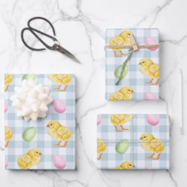 Aquarell-Küken und Eier auf blauem Gingham-Muster Geschenkpapier Set