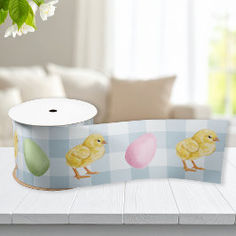 Aquarell-Küken und Eier auf blauem Gingham-Muster Satinband