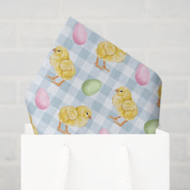 Aquarell-Küken und Eier auf blauem Gingham-Muster Seidenpapier