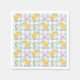 Aquarell-Küken und Eier auf blauem Gingham-Muster Serviette