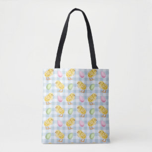 Aquarell-Küken und Eier auf blauem Gingham-Muster Tasche