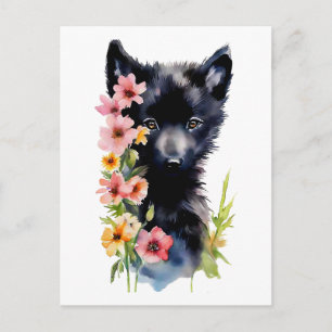 Aquarell-Kunstmalerei Schwarzer Babywolf-Welpe Postkarte