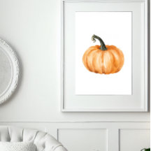 Aquarell-Kürbis-Herbst-Druck – Orangefarbener Kürb