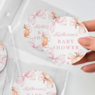 Aquarell-Kürbis Rosa Schleife Baby Shower Runder Aufkleber