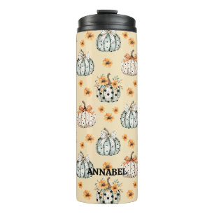 Aquarell-Kürbis und Blumen-Skriptname Thermosbecher