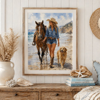 Aquarell-Küsten-Cowgirl-Strandspaziergang-Wandkuns Poster