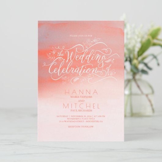 Aquarell-lädt rosa moderne Typografie-Hochzeit ein Einladung (Stehend Vorderseite)