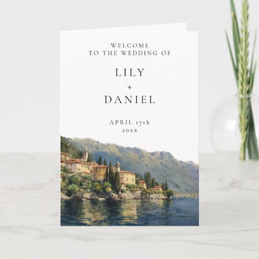 Aquarell-Lake-Como-Elegante Hochzeit Programm (Vorderseite)