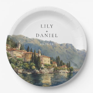 Aquarell Lake Como Italien Hochzeitsdestination Pappteller