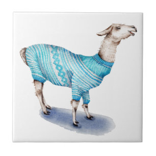 Aquarell-Lama in der blauen Strickjacke Fliese