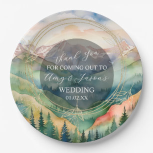 Aquarell-Landschaft Berg Destination Hochzeit Pappteller